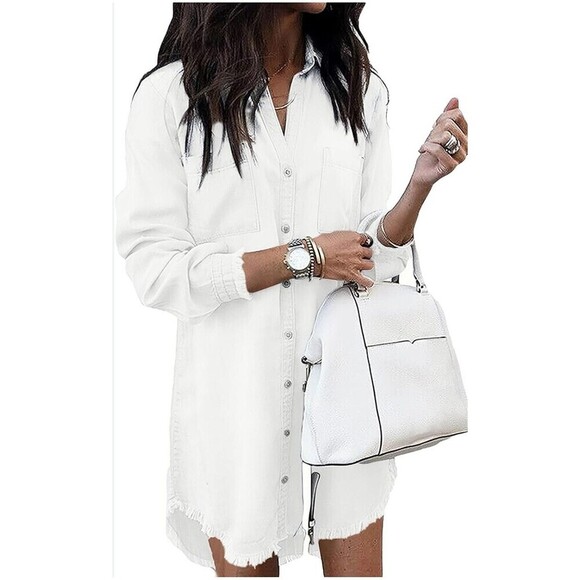 New Zilcremo Women S White Denim Shirt Dress Long Sleeve Jean Button Up 1059T2 - Picture 3 of 12
